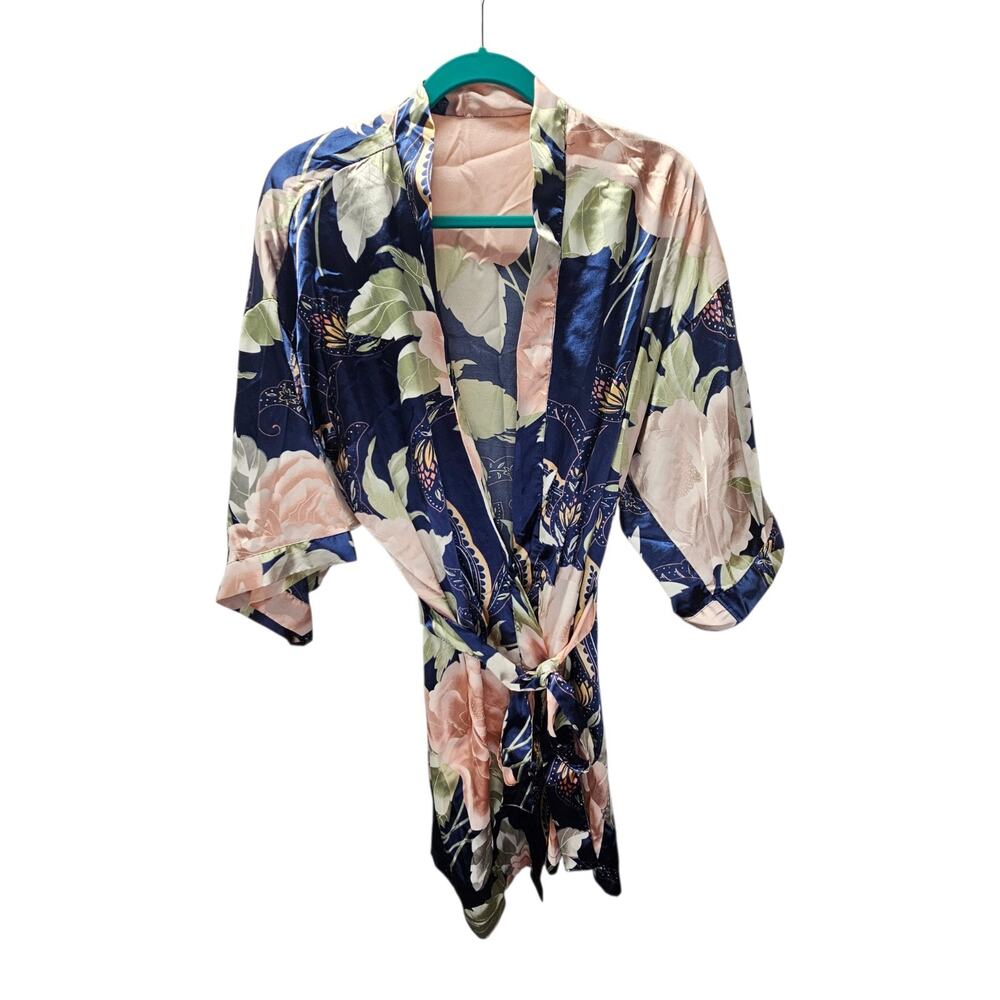 Unbranded Blue & Pink Floral Kimono Robe One Size Flowers Butterflies Loungewear